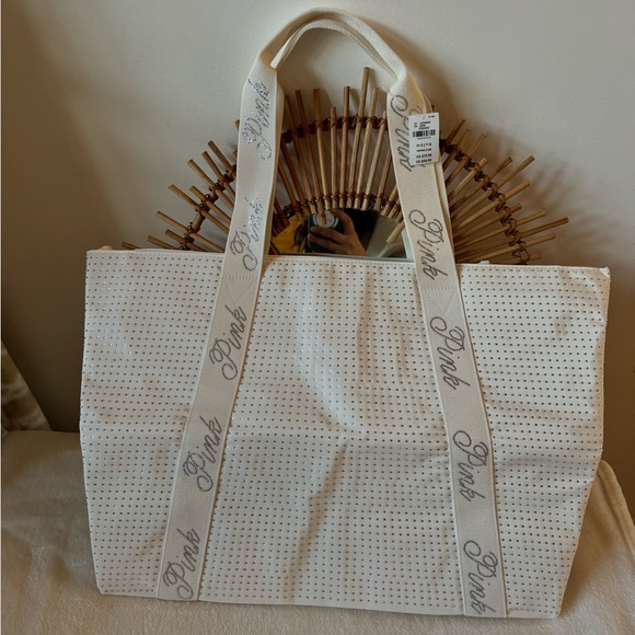 PINK Victoria's Secret Handbags - PINK Victoria's Secret Cream sparkle Canvas Tote with Branded Straps
